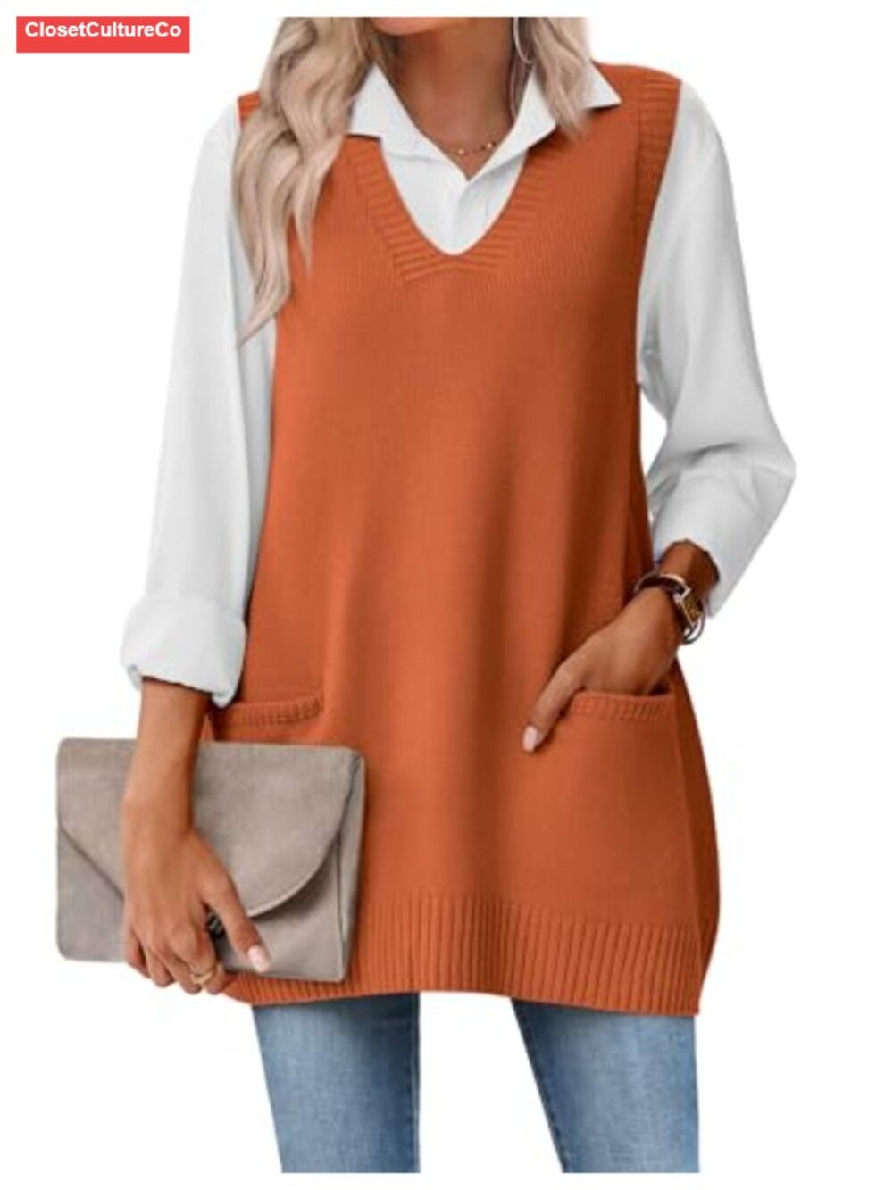 Sleeveless Knit Sweater Vest V Neck Pocket Layering Fall Winter